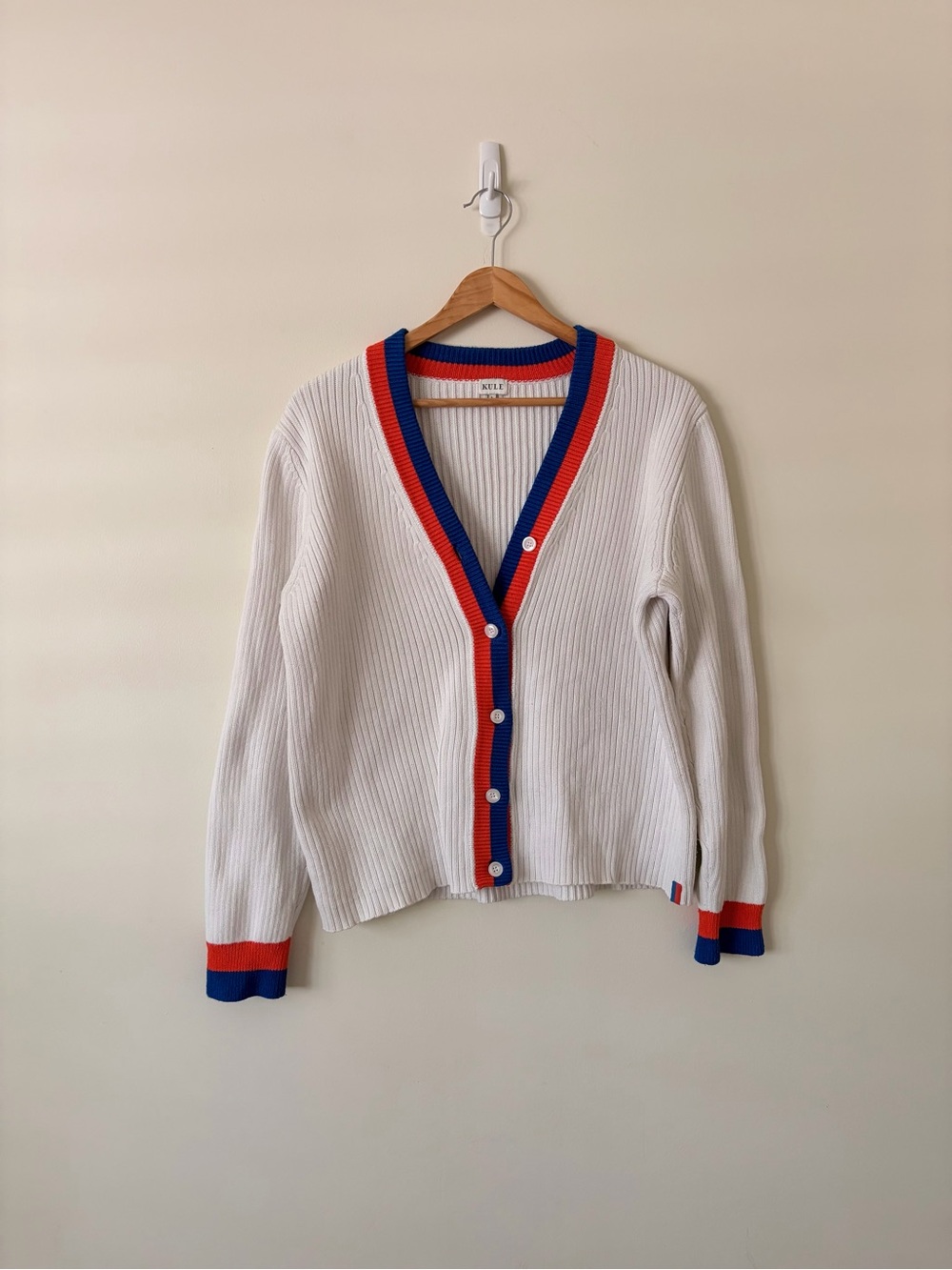 KULE White V-Neck Ribbed Cardigan with Red & Blue Trim